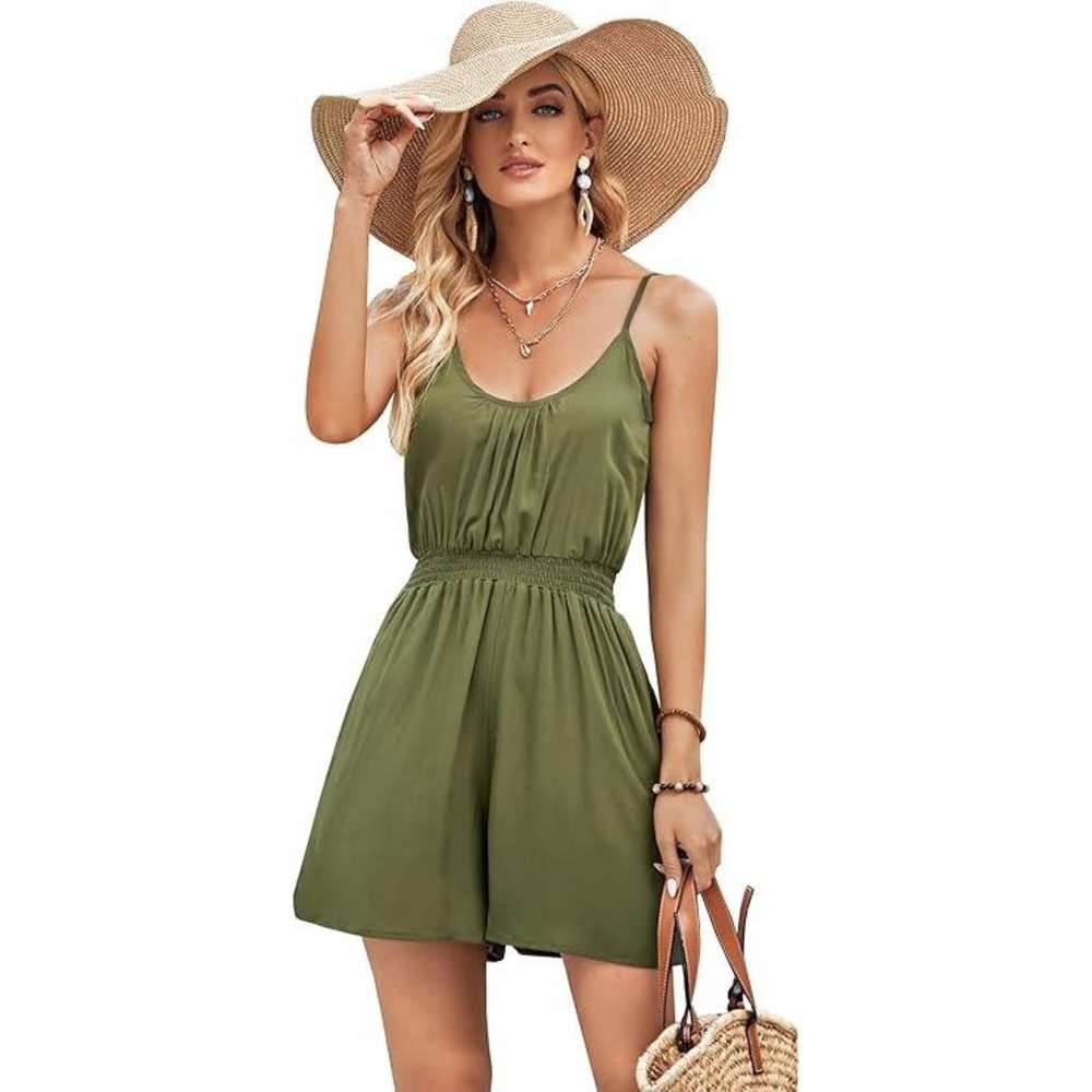 Buenos Ninos Romper Womens XXL‎ Olive Green Smocked Waist Adjustable Straps NEW